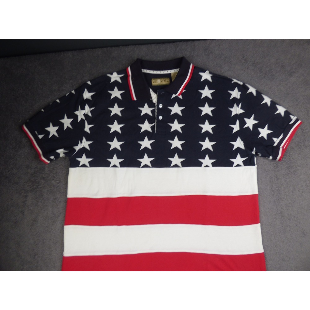 Sun River Mens American Flag Polo Shirt Large Stars and Stripes Cotton Navy Red